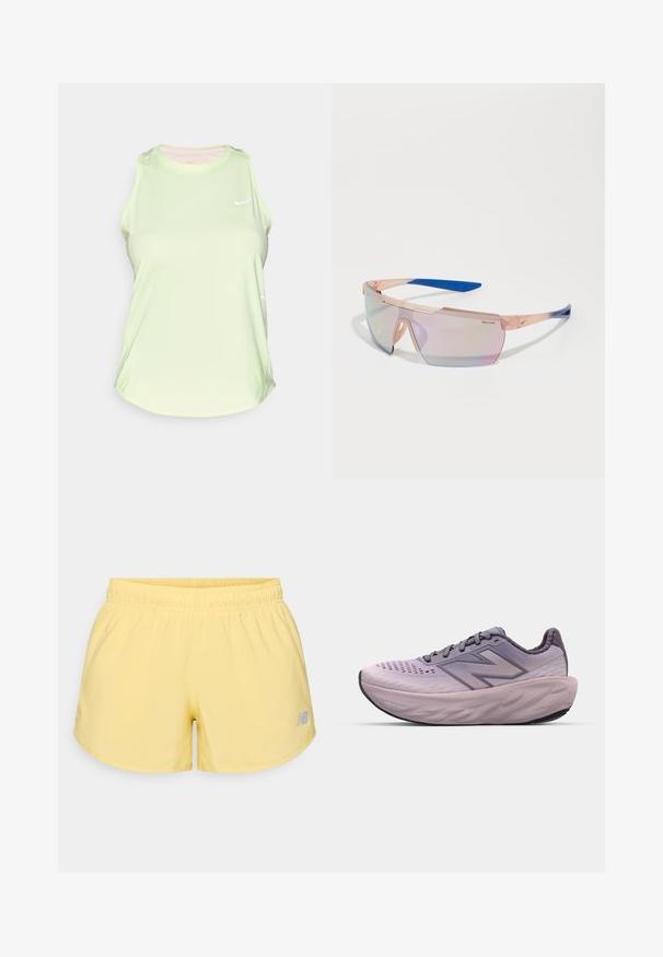 Haut de sport sans manches vert clair en tissu lisse, avec un col rond et un petit logo blanc sur la poitrine.; Shorts de sport jaunes avec une taille élastique et un petit logo gris en bas à droite. Tissu lisse, léger et coupe courte.; Chaussure de course violette avec une tige en textile respirant, un col rembourré, une semelle intercalaire épaisse et une semelle extérieure en caoutchouc texturé.; Lunettes de soleil Nike Course avec une monture transparente pêche, des accents bleus et des verres irisés. Design angulaire avec une esthétique sportive.
