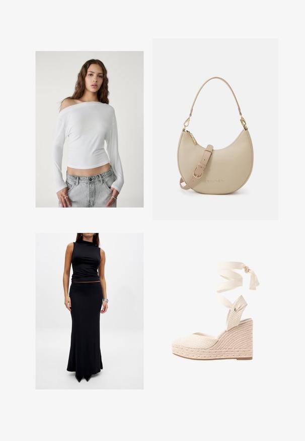 Stradivarius ASYMMETRICAL - Langærmet T-shirt - white; Ærmeløs sort top med høj krave, parret med en tætsiddende sort maxi-nederdel. Begge beklædningsgenstande er lavet af glat stof og har ingen mønstre.; Sandal med kilehæl, lavet af vævet tekstureret beige overdel, stofankelindpakning og flettet jute kile. Har lukket hæl og åben tå-design.; Beige læderhåndtaske med en halvmåneform, der har en aftagelig skulderrem, gulddetaljer og prægede "Valentino" logo.; Guldfarvede metal øreringe med en sammenkoblet abstrakt oval design, poleret finish og åbne udskæringer.