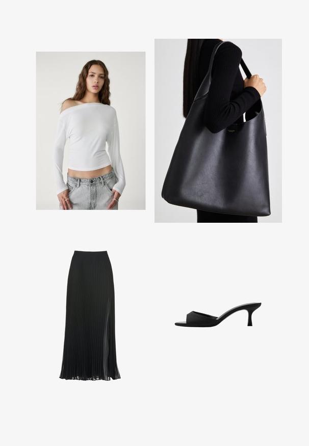 Stradivarius ASYMMETRICAL - Langarmshirt - white; Schwarze, plissierte Maxi-Rock mit einem enganliegenden Bund, transparenter Textur und einem seitlichen Schlitz für zusätzlichen Schwung und Bewegung.; Schwarze Absatzmules mit einer breiten, offenen Zehenpartie und einem geschwungenen Oberteil. Hergestellt aus strukturiertem Stoff, mit einem schlanken Absatz und einer glatten Sohle.; Schwarze Leder-Taschen mit glatter Textur, übergroßer Form und einem einzigen Schulterriemen. Besitzt einen goldenen Logo-Akzent.