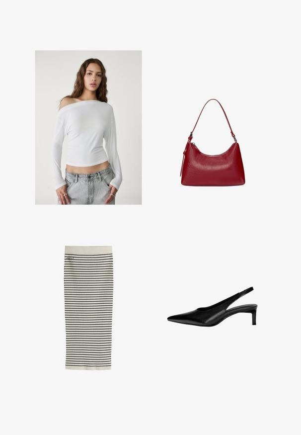 Stradivarius ASYMMETRICAL - Top s dlouhým rukávem - white; Krémová pletená sukně s jemným žebrováním, horizontálními černými pruhy a malým vyšitým logem blízko pasu.; Černá kožená lodička s otevřenou patou, špičatou špičkou, nízkým podpatkem a vykrojeným designem po stranách. Hladká textura s elegantním vzhledem.; Červená kožená taška přes rameno s zakřiveným designem, hladkým povrchem a zipovým uzávěrem. Obsahuje tenkou rukojeť pro nošení.