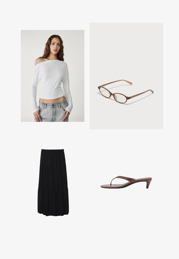 Stradivarius ASYMMETRICAL - Majica z dolgimi rokavi - white; Črna midi krila s tiered oblikovanjem in elastičnim pasom, narejena iz mehke tkanine, z nežno silhueto in gladko teksturo.; Rjava natikača na peto s tankim trakom in zaobljenim prstom, ki ima majhen zlat poudarek na podplatu.; Rjavo želvovina očala z ovalnimi lečami, tankimi ročaji in prosojnimi detajli. Imajo subtilen logo na templetu. Eleganten, lahek dizajn.; Mehakna rjava torbica v hobo stilu z enim širokim trakom in ukrivljenim odprtjem na vrhu, prikazana na beli podlagi.