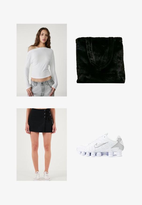 Stradivarius ASYMMETRICAL - Top s dlouhým rukávem - white; LELA Šortky - black; Bílé sportovní boty s síťovaným svrškem, stříbrnými akcenty a unikátním designem podrážky s pružinou. Mají polstrovaný límec a šněrování pro dokonalé přizpůsobení.; Černá taška z umělé kožešiny s měkkou texturou. Obsahuje dva pevné uši a otevřený vršek, vhodná pro různé použití.