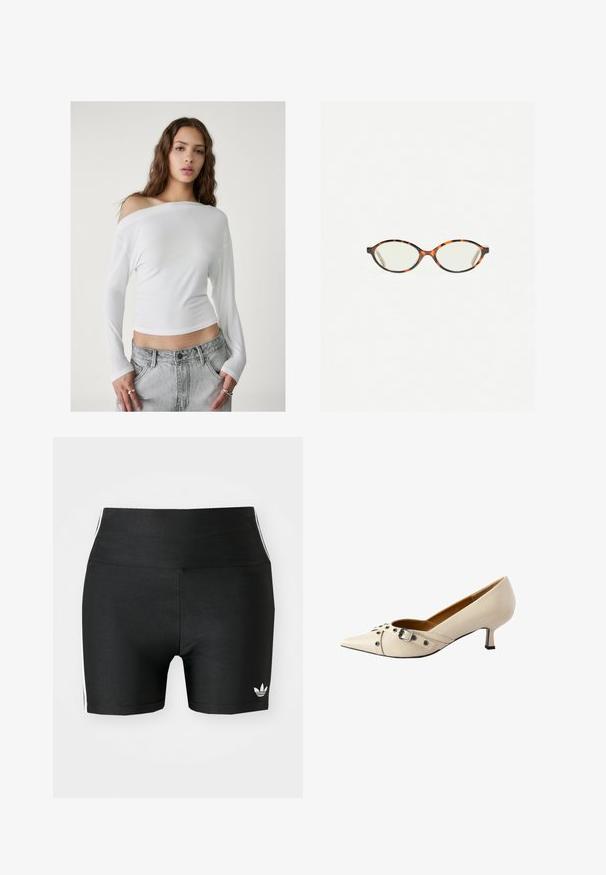 Stradivarius ASYMMETRICAL - Maglietta a manica lunga - white; Pantaloni sportivi neri in un tessuto elasticizzato con vita alta. Caratterizzati da strisce bianche sui lati e un piccolo logo bianco all'orlo.; Décolleté in pelle beige con punta affusolata, dotato di una cinturino decorativo con fibbia e borchie argentate, e un tacco basso.; Occhiali in tartaruga con lenti ovali e una finitura liscia e elegante. Presentano aste sottili con una leggera curva alle tempie. Lenti trasparenti.; Borsa a spalla in pelle rossa con un design curvo, texture liscia e chiusura con zip. Presenta un manico sottile per il trasporto.