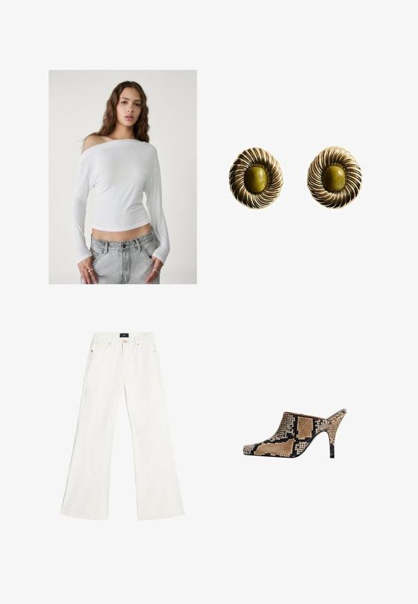 Stradivarius ASYMMETRICAL - Blouse - white; White wide-leg jeans made of denim, featuring a classic five-pocket design, gold-tone hardware, and a mid-rise waist.; Open-toe mules with a snake print design in tan and black. Features a sleek pointed toe and a slender stiletto heel. Textured finish.; Gold-tone earrings featuring a spiral design with a central olive-green stone. Textured, with a glossy finish and circular shape.