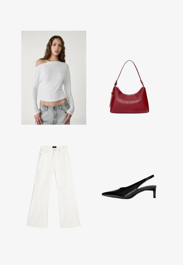 Stradivarius ASYMMETRICAL - Langarmshirt - white; Weiße Schlagjeans aus Denim mit einem klassischen Fünf-Taschen-Design, goldfarbener Hardware und einer normalen Bundhöhe.; Schwarze Leder-Slingback-Schuh mit spitzer Zehe, niedrigem Absatz und Ausschnitt-Design an den Seiten. Glatte Textur mit schlanker Optik.; Rote Leder-Schultertasche mit einem geschwungenen Design, glatter Textur und einem Reißverschluss. Sie verfügt über einen dünnen Henkel zum Tragen.