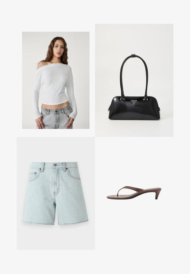 Stradivarius - Bluzka; Jasnoniebieskie szorty dżinsowe z wysokim stanem, z dwoma przednimi kieszeniami, zapięciem na guzik oraz detalami zszycia po bokach.; Brązowe sandały na obcasie w stylu klapek z wąskim paskiem i zaokrąglonym palcem, z małym złotym akcentem na wkładce.; Czarna, błyszcząca torebka o zaokrąglonym kształcie, z dwoma uchwytami i przednią tabliczką logo. Zamek błyskawiczny oraz błyszczące akcenty metalowe.