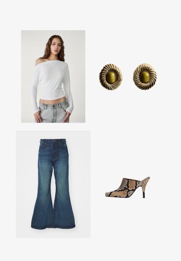 Stradivarius ASYMMETRICAL - Majica z dolgimi rokavi - white; Razširjeni denim kavbojki v srednji modri barvi, z visokim pasom, petimi žepi in kontrastnim šivanjem. Gladka tekstura z rahlim bledenjem.; Mule s odprtim prstom z vzorcem kače v tan in črni barvi. Ima eleganten konicasti nos in ozko stiletto peto. Teksturirana obdelava.; Zlato obarvani uhani z spiralnim dizajnom in osrednjo olivno-zeleno kamenino. Teksturirani, z sijočo površino in circularno obliko.
