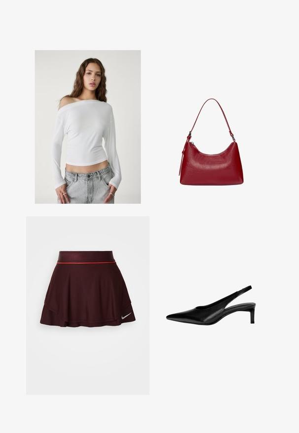 Stradivarius ASYMMETRICAL - Long sleeved top - white; Maroon athletic skirt with flared design, textured fabric, and a shiny waistband featuring a red accent stripe. Nike logo displayed at hem.; Black leather slingback shoe with a pointed toe, low heel, and cut-out design on the sides. Smooth texture with a sleek appearance.; Red leather shoulder bag with a curved design, smooth texture, and a zipper closure. It features a thin handle for carrying.