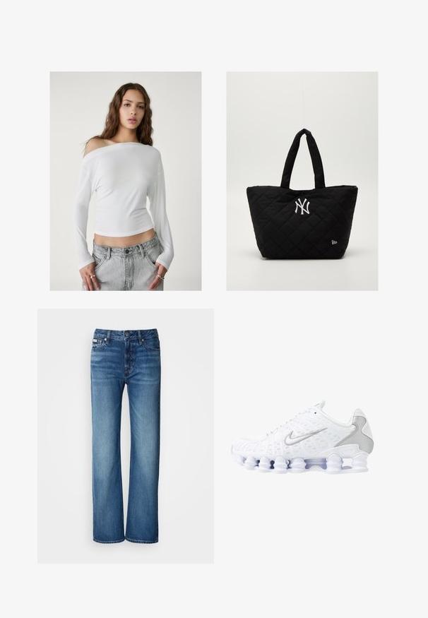 Stradivarius ASYMMETRICAL - Pusero - white; Vaaleansiniset, leveät farkut, jotka on valmistettu denimmistä; niissä on napitus, etutaskut ja hienovarainen haalistumismalli kankaassa.; Valkoiset urheilukengät, joissa on verkkokangaspäällinen, hopeiset yksityiskohdat ja ainutlaatuinen kierreellinen pohjamuotoilu. Varustettu pehmustetulla nilkkakohdalla ja nauhakiristyksellä mukautuvaa istuvuutta varten.; Mustikkavärinen tikattu kassi, jossa on tuplakahvat ja valkoinen New York Yankees -logo sekä pieni brändin emblem sivussa.