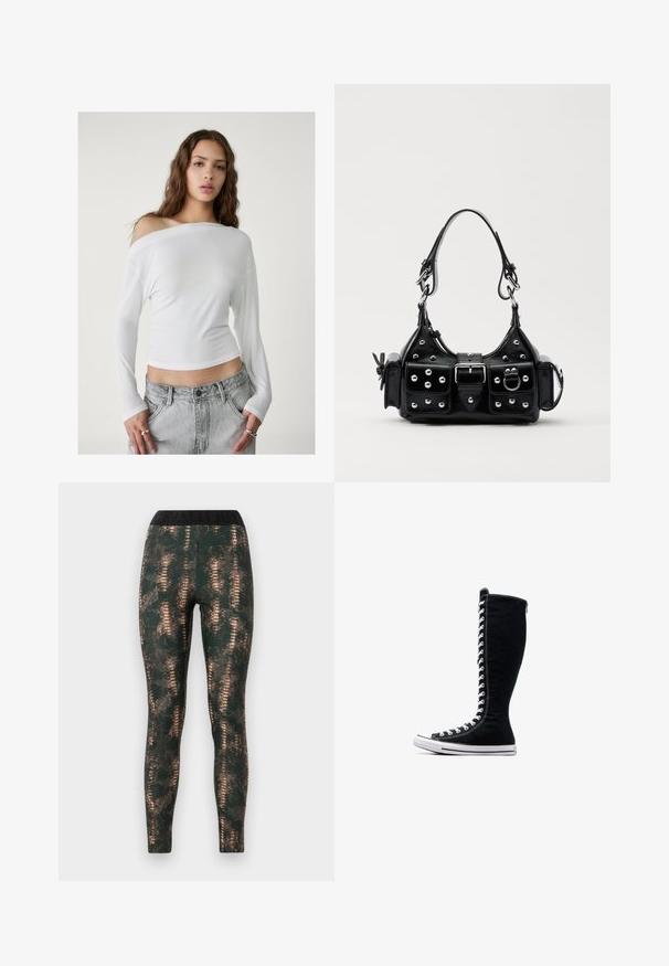 Stradivarius ASYMMETRICAL - Majica z dolgimi rokavi - white; Tajtne leggins v temno zeleni barvi z vzorcem ribje kože, ki imajo širok črn pas z embossiranim imenom blagovne znamke.; Črne visoke superge z visokim dizajnom, narejene iz platna. Imajo bele vezalke, šivanje in gumijast podplat z zaščito za prste.; Črna usnjena torbica s ukrivljenim dizajnom, ki vsebuje srebrne žebljičke, zaponko in dve stranski žepki. Nastavljiv trak za različne možnosti nošenja.