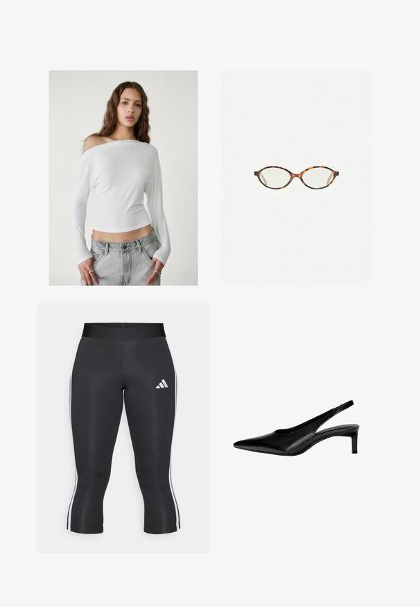 Stradivarius ASYMMETRICAL - Bluza - white; Črne capri legice s širokim pasom, z belimi stranskimi črtami in belim Adidas logotipom na levi stegnu. Gladka tekstura.; Črne usnjene slingback čevlje s koničastim nosom, nizko peto in izrezljanim dizajnom na straneh. Gladka tekstura z eleganten videzom.; Kornjačaste očala z ovalnimi lečami in gladko, sijočo površino. Imajo tanke stranice z rahlim ovinkom na templjih. Prosojne leče.; Rdeča usnjena torba za ramo z ukrivljeno obliko, gladko teksturo in zadrgo. Ima tanek ročaj za nošenje.