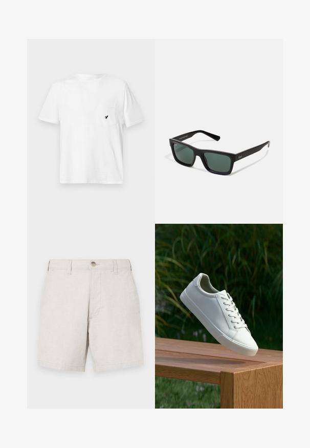 White cotton t-shirt featuring a front chest pocket with a small black embroidered bird logo. Classic crew neck and short sleeves.; Beige linen shorts with a straight cut, featuring a front button closure, belt loops, and two side pockets. Textured fabric.; White lace-up sneaker hovering above wooden bench with green foliage in the background, showcasing shoe design and texture.; Black rectangular sunglasses with green lenses, featuring a matte finish, straight temples, and the Ray-Ban logo on the side.