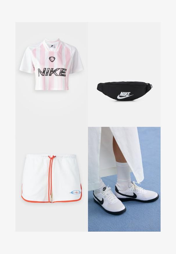 Maillot Nike court avec des rayures verticales roses et blanches, des manches courtes, et un logo noir sur le devant avec un motif graphique.; Shorts blancs avec cordon de serrage et bordures orange. Présente un logo graphique en bleu et rouge. Tissu doux avec un design décontracté.; Baskets Nike blanches avec des accents noirs, présentant un dessus en cuir lisse, des lacets blancs et des semelles en caoutchouc robustes, associées à des chaussettes blanches à côtes.; Sac banane noir en nylon avec fermeture éclair, arborant un grand logo blanc de Nike. Texture lisse et design ergonomique pour un port confortable.
