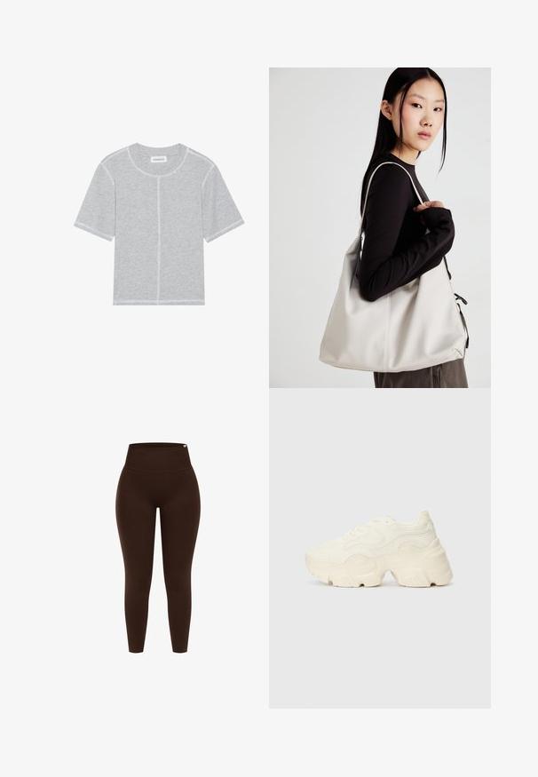 Camiseta de algodón gris de manga corta, con cuello redondo y costuras y dobladillos en blanco contrastante. Diseño simple y sin adornos.; Leggings marrones de cintura alta hechos de material elástico, que presentan una textura suave y un diseño ajustado, sin patrones visibles ni herrajes.; Zapatillas blancas gruesas hechas de malla texturizada y materiales sintéticos, con una suela gruesa y detalles de patrones intrincados a lo largo de los lados.; Bolso de mano beige hecho de material suave, con un diseño holgado, detalles cosidos y dos asas. Adecuado para uso diario.