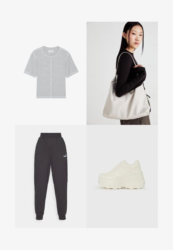 Pelēks kokvilnas T-krekls ar īsām piedurknēm un apaļu kakla izgriezumu, ar kontrastējošu baltu šuvju un malu šuvju apdari. Vienkāršs, bez rotājumiem dizains.; Tumši pelēki sporta bikses ar brīvu piegriezumu, elastīgu jostu un ribotām padevēm. Mazs balts Puma logo ir redzams uz kreisās kājas.; Baltie platformas sporta apavi, kas izgatavoti no gludas mākslīgās ādas, ar noapaļotu formu, mīkstu apkakli un teksturētu gumijas zoli ar izteiktiem rakstiem.; Bežs rokassoma, izgatavota no mīksta materiāla, ar brīvu dizainu, izšūtu apdari un divām plecu siksnām. Piemērota ikdienas lietošanai.