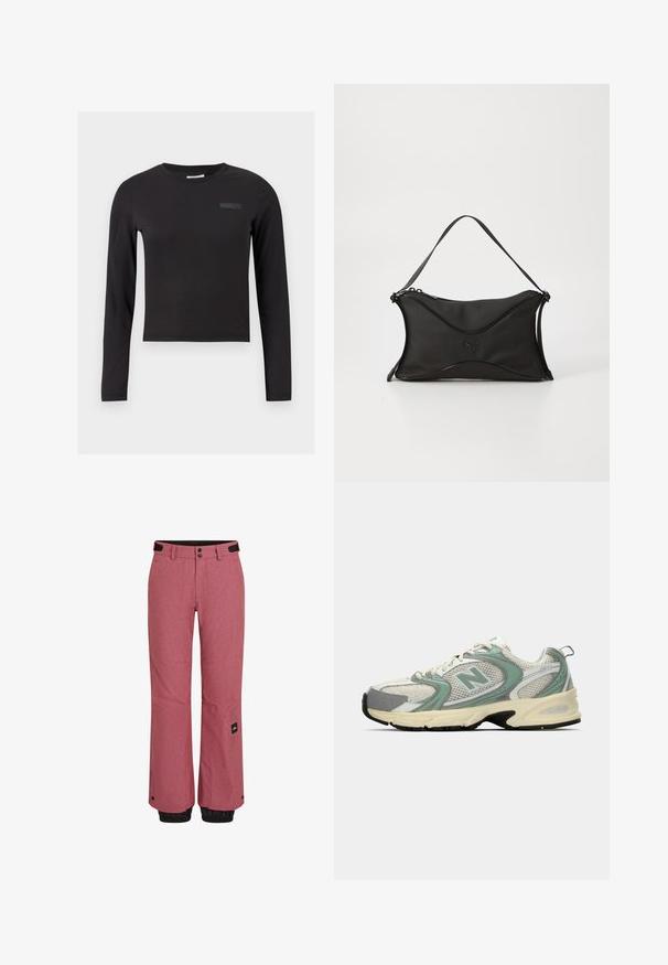 Črni dolg rokav krojena majica iz elastičnega blaga, z okroglo ovratnikom in majhnim logotipom natisnjenim na prsih.; Rdeče snežne hlače z teksturirano površino, črni elastični manšeti na gležnjih, sprednji žepi in oznaka blagovne znamke na spodnjem levem delu noge.; Beli in svetlo zeleni športni copat New Balance iz mrežaste tkanine, s bež podplatom in črnim profilom, prikazan s strani na enobarvni podlagi.; Črna torbica iz mehkega, strukturiranega materiala. Ima valovit vzorec, enojni naramni trak in subtilen logotip na sprednji strani.