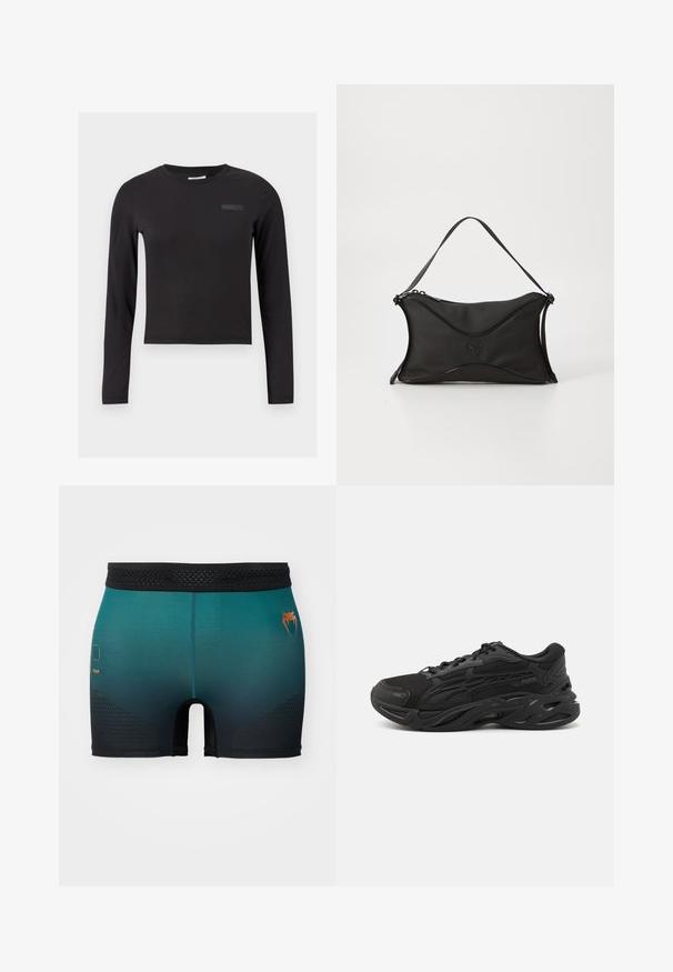 Czarny krótki top z długim rękawem wykonany z elastycznego materiału, z okrągłym dekoltem i małym logo nadrukowanym na piersi.; Męskie dopasowane szorty w gradientzie od niebiesko-zielonego do czarnego, z czarną siateczkową talią, pomarańczowym logo i teksturowanymi akcentami po bokach.; Czarne buty sportowe wykonane z siateczki i materiału syntetycznego, charakteryzujące się teksturowanym wzorem, zaokrąglonym czubkiem, grubą podeszwą oraz wyraźnym logo marki.; Czarna torebka na ramię z miękkiego, teksturowanego materiału. Posiada falisty wzór, pojedynczy pasek na ramię oraz subtelny detal z logo z przodu.