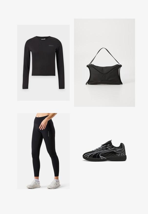 Mustapohjainen pitkähihainen crop-top, joka on valmistettu joustavasta kankaasta. Siinä on pyöreä pääntie ja pieni logo painettuna rintaan.; Mustat legginsit, joissa on muotoileva malli, korkea vyötärö, sivutasku vetoketjulla ja sileä pinta. Yhdistetty valkoisiin urheilukenkien kanssa.; Musta urheilujalkine, jossa on tyylikäs muotoilu, kiiltävä pinta, valkoiset yksityiskohdat, verkkomaiset paneelit hengittävyyttä varten ja tarranauha.; Musta käsilaukku pehmeästä, teksturoidusta materiaalista. Sen muotoilu on aaltoileva, siinä on yksi olkahihna ja edessä on huomaamaton logotieto.