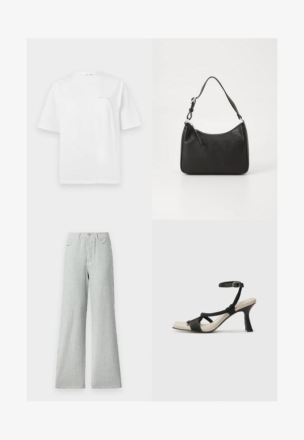 Balta medvilninė marškinėliai su trumpomis rankovėmis, apvaliu iškirpimu ir minimaliu pilku logotipu priekyje. Lygi tekstūra, standartinio modelio.; Juostuoti plačiakojai kelnių pagaminti iš lengvos medžiagos, su vertikaliomis mėlynomis ir baltomis juostelėmis, aukštu liemeniu ir priekinėmis kišenėmis.; Juodų aukštakulnių sandalų su pintu dirželiu dizainas, kvadratine nosimi ir reguliuojamu kulkšnies dirželiu. Šviesiai bežė padas su blizgiu juodu kulnu.; Juoda odinė rankinė su išlenkta forma, viena dirželiu, užtrauktuko uždarymu ir subtiliu ženklinimu priekyje. Lygus paviršius, minimalistinis dizainas.