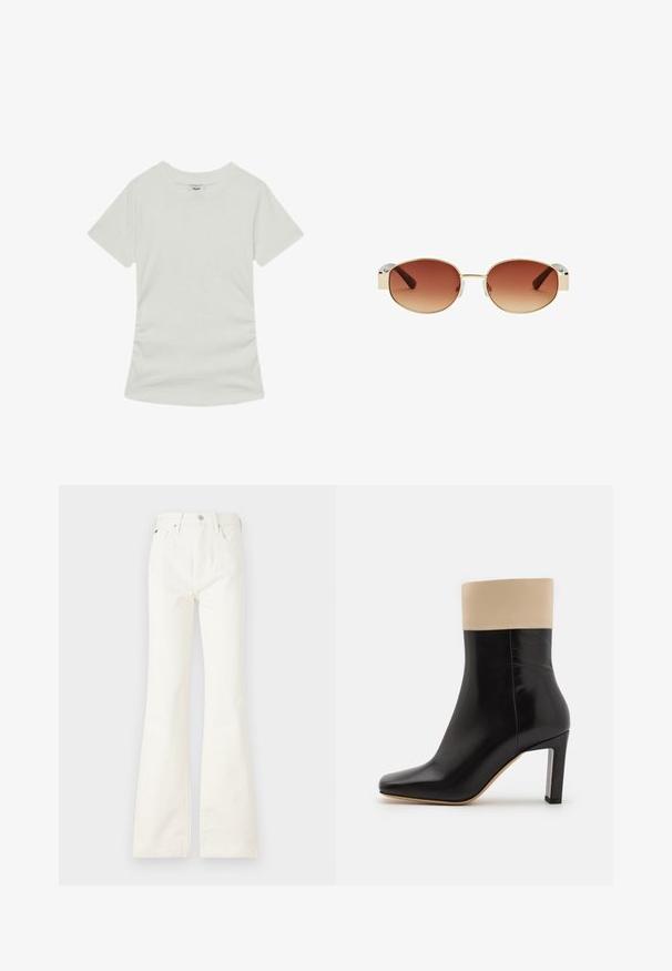 Reiss - T-shirt basic; Białe dżinsy z rozszerzanym dołem, wykonane z denimu, z pięcioma kieszeniami, z przodem na guzik oraz klasycznym krojem, który poszerza się u dołu.; Czarny skórzany botek na kostkę z kremowym akcentem na górze, spiczastym noskiem i wysokim, srebrnym obcasem. Gładka tekstura bez widocznych wzorów.; Okrągłe okulary przeciwsłoneczne z złotą metalową ramą, brązowymi gradientowymi soczewkami, przezroczystymi plastikowymi akcentami po bokach oraz brązowymi wzorzystymi zausznikami.; Srebrny i złoty metalowy zegarek kwadratowy z jasnoszarym cyferblatem, trzema subtarcze i złotymi akcentami. Posiada teksturowaną bransoletę o dwukolorowym wzorze.