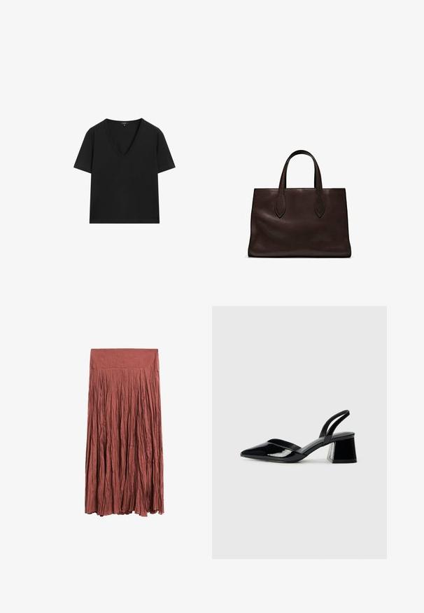 Black short-sleeve V-neck T-shirt with a simple, fitted design on a white background.; Rust-colored, long, pleated skirt made of lightweight fabric. Features a smooth waistband and vertical texture throughout.; Black patent leather slingback heels with a pointed toe and a geometric block heel. Features a sleek, minimal design and smooth texture.; Brown leather tote bag with two elongated handles, structured rectangular shape, smooth texture, and subtle stitching details.