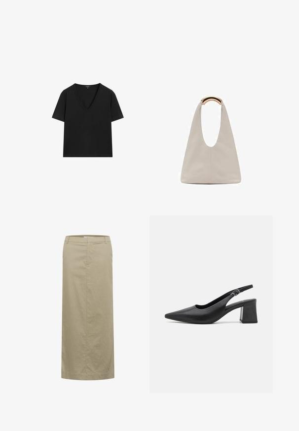 Svart kortärmad V-ringad T-shirt med en enkel, figurnära design på en vit bakgrund.; Beige linne midi kjol med platt midjeband, sidofickor och rak silhuett, med minimal sömnad och ingen synlig hårdvara.; Svart läder slingback med klack, med spetsig tå och kraftig blockklack. Har en justerbar rem med en metallspänne.; Ljusgrå läderväska med en U-formad design och ett böjt metallhandtag. Slät textur med minimal sömnad och inga synliga mönster.