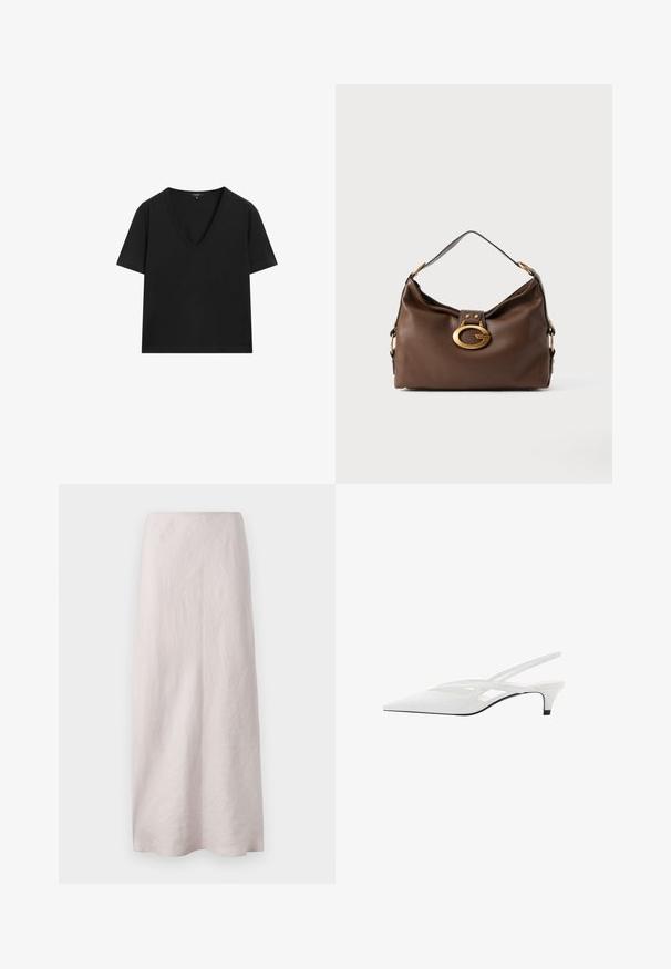 Maglietta nera a maniche corte con scollo a V, dal design semplice e aderente, su sfondo bianco.; Gonna maxi in lino rosa pallido con un design pulito e dritto. Il tessuto ha una superficie leggermente texture e una vita elasticizzata.; Décolleté bianco con punta affilata, caratterizzato da una tomaia liscia, sottili aperture e un tacco a blocco basso. La suola nera esalta il design.; Borsa a mano in pelle marrone con una finitura testurizzata, dotata di un gancio in metallo dorato e di una singola tracolla curva.