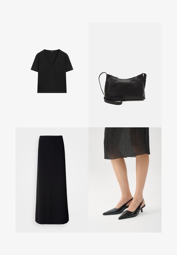 Schwarzes kurzärmeliges V-Ausschnitt-T-Shirt mit einem schlichten, taillierten Design auf einem weißen Hintergrund.; Schwarz, bodenlanger Rock aus glattem Stoff mit gerader Silhouette. Hat ein einfaches, ungeschmücktes Design ohne sichtbare Muster oder Verzierungen.; Schwarze Slingback-High Heels mit spitzem Zehenbereich und glänzender Oberfläche, schlankem Absatz und offenem Rückendesign. Strukturmuster auf dem Obermaterial.; Schwarze Ledertasche für die Schulter mit glatter Textur, geschwungener Form, verstellbarem Tragegurt und Reißverschluss. Minimalistisches Design ohne Verzierungen.