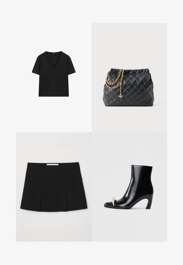 Schwarzes kurzärmeliges V-Ausschnitt-T-Shirt mit einem schlichten, taillierten Design auf einem weißen Hintergrund.; Schwarzer plissierter Rock mit einem glatten Bund. Hergestellt aus einem leichten Stoff, der vertikale Falten aufweist, die Textur und Detail hinzufügen.; Schwarzer Knöchelschuh aus glänzendem Leder, mit einer spitzen Zehenform und einem dekorativen gold- und silberfarbenen Akzent an der Vorderseite. Blockabsatz-Design.; Schwarze, gesteppte Lederhandtasche mit einer Kettenriemen, die über einen dekorativen Anhänger verfügt. Weiche Textur, strukturierte Form und lässige Silhouette.