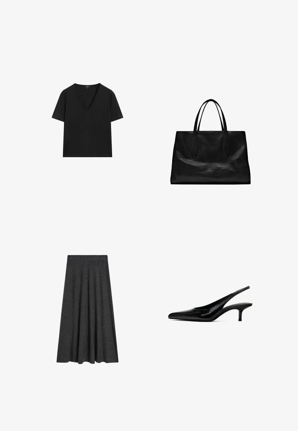 Black short-sleeve V-neck T-shirt with a simple, fitted design on a white background.; Flared, knee-length skirt in dark gray wool blend, featuring a smooth texture and an elastic waistband for comfort and ease of wear.; Black pointed-toe slingback shoe with a glossy leather finish and a thin, low heel. Features a cutout on the side for breathability.; Black leather tote bag with two elongated handles, a structured shape, smooth texture, and minimalistic design. No visible hardware or accents.