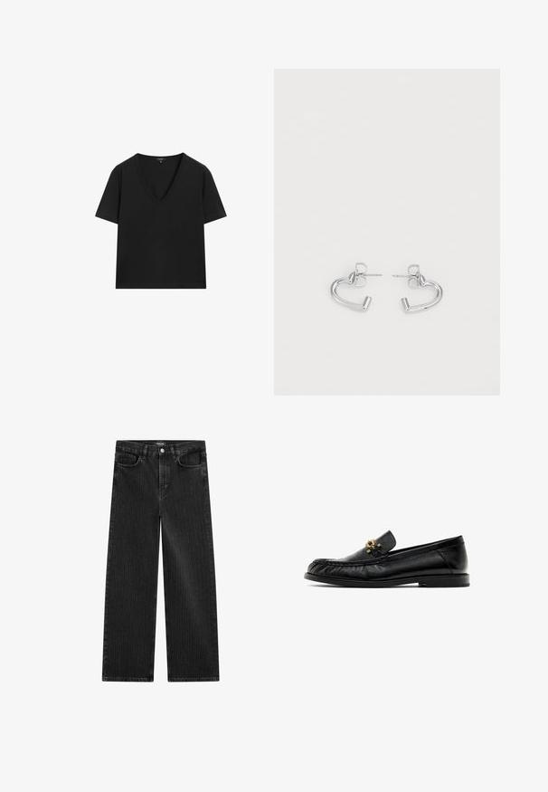 Black short-sleeve V-neck T-shirt with a simple, fitted design on a white background.; Wide-leg black denim jeans with a subtle vertical stripe pattern, featuring five-pocket design and a classic button closure at the waist.; Black leather loafers with a rounded toe, textured upper, and gold-tone hardware accent on the vamp. Flat sole with minimal tread.; Silver heart-shaped stud earrings with a smooth, polished surface and open design, featuring butterfly back closures.