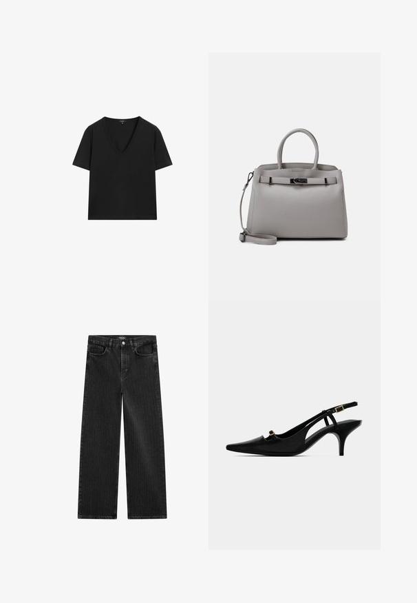 Black short-sleeve V-neck T-shirt with a simple, fitted design on a white background.; Wide-leg black denim jeans with a subtle vertical stripe pattern, featuring five-pocket design and a classic button closure at the waist.; Black pointed-toe slingback pump with low curved heel and small gold buckle on front strap and ankle strap.; Gray leather handbag with dual handles, a detachable strap, smooth texture, and a metallic clasp in the front. Rounded shape and minimalist design.