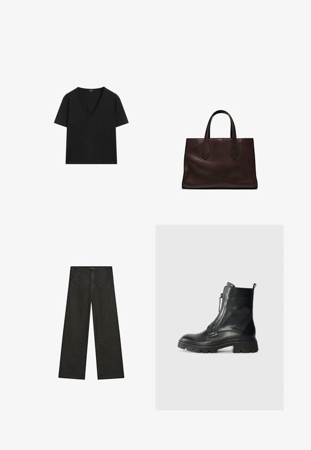 T-shirt noir à manches courtes en V, au design simple et ajusté, sur fond blanc.; Pantalons en denim noir à jambes larges avec une taille mi-haute, deux poches avant et un design épuré et minimaliste sans embellissements visibles.; Bottine en cuir noir avec une semelle en caoutchouc épaisse, fermeture éclair sur le côté, texture lisse et bout légèrement arrondi. Design minimaliste sans motifs.; Sac tote en cuir marron avec deux poignées allongées, forme rectangulaire structurée, texture lisse et détails de couture subtils.