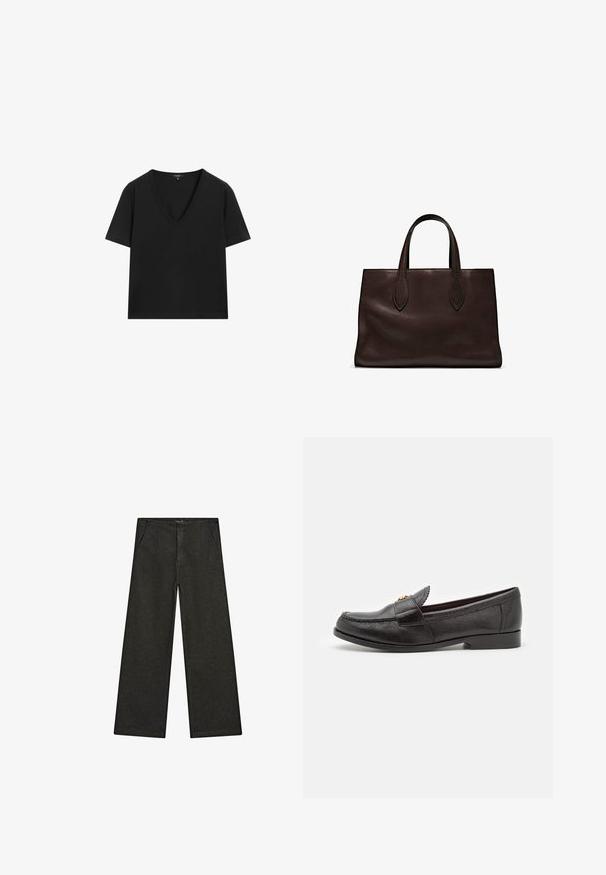 Czarny T-shirt z krótkim rękawem i dekoltem w serek o prostym, dopasowanym kroju na białym tle.; Szerokie czarne dżinsy z średnim stanem, z dwiema przednimi kieszeniami oraz czystym, minimalistycznym designem bez widocznych ozdób.; Czarne skórzane mokasyny z teksturowaną powierzchnią, okrągłym noskiem i dekoracyjnym przeszyciem. Posiadają płaski obcas i są wsuwane.; Brązowa skórzana torba tote z dwoma wydłużonymi uchwytami, usztywnionym prostokątnym kształtem, gładką teksturą i subtelnymi detalami przeszycia.