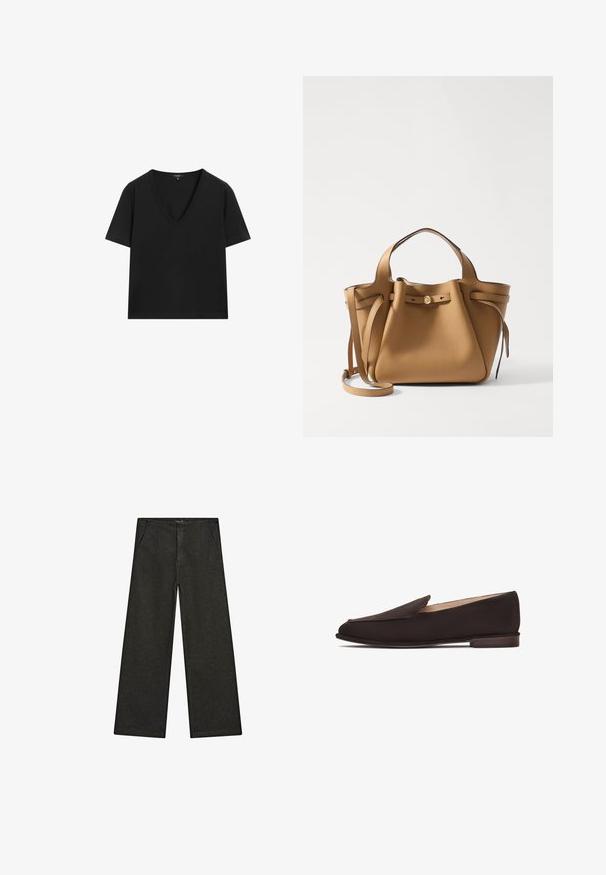 Schwarzes kurzärmeliges V-Ausschnitt-T-Shirt mit einem schlichten, taillierten Design auf einem weißen Hintergrund.; Schwarz-weiße, weit geschnittene Jeans mit mittelhohem Bund, zwei Vorderentaschen und einem klaren, minimalistischen Design ohne sichtbare Verzierungen.; Schwarze Loafer mit einem glatten Obermaterial, spitzem Zeh und niedrigem Holzabsatz. Verfügt über ein einfaches Slip-On-Design ohne sichtbare Hardware oder Verzierung.; Tory Burch ROMY PEBBLED SATCHEL - Handtasche - tiramisu