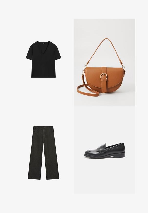 Black short-sleeve V-neck T-shirt with a simple, fitted design on a white background.; Wide-leg black denim pants featuring a mid-rise waist, two front pockets, and a clean, minimalist design with no visible embellishments.; Black leather loafers with a smooth finish, rounded toe, and side stitching detail. Features a low, rectangular heel.; Brown leather crossbody bag with a curved shape, gold hardware, and a buckle accent. Features a detachable shoulder strap.