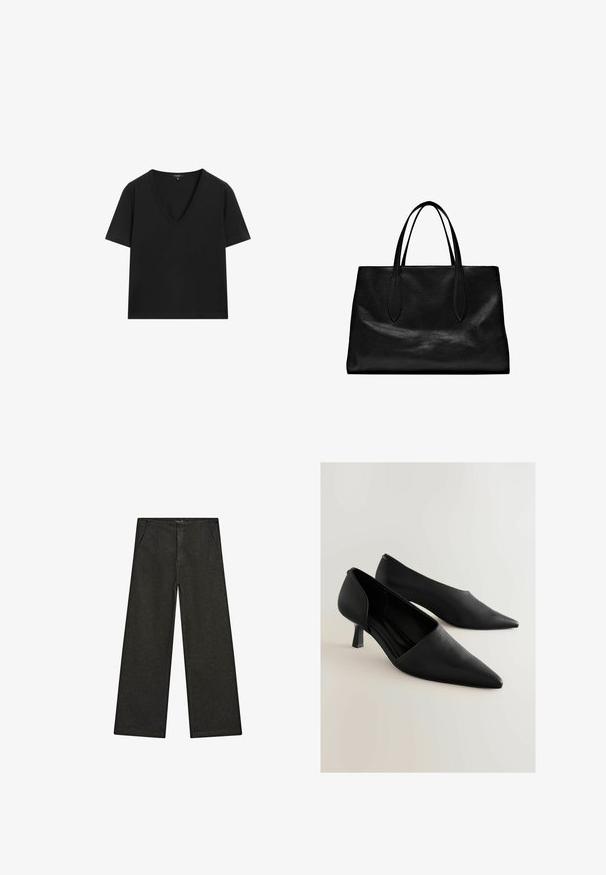 Zwarte T-shirt met korte mouwen en V-hals, met een eenvoudig, aansluitend ontwerp op een witte achtergrond.; Wijd uitlopende zwarte denim broek met een middelhoge taille, twee zijzakken en een eenvoudige, minimalistische uitstraling zonder zichtbare versieringen.; Zwarte leren hoge hakken met een spitse neus, voorzien van een minimalistisch ontwerp en een korte, vierkante hak. Gladde textuur en slanke silhouet.; Zwarte leren totebag met twee lange handvatten, een gestructureerde vorm, een gladde textuur en een minimalistisch ontwerp. Geen zichtbare hardware of accenten.