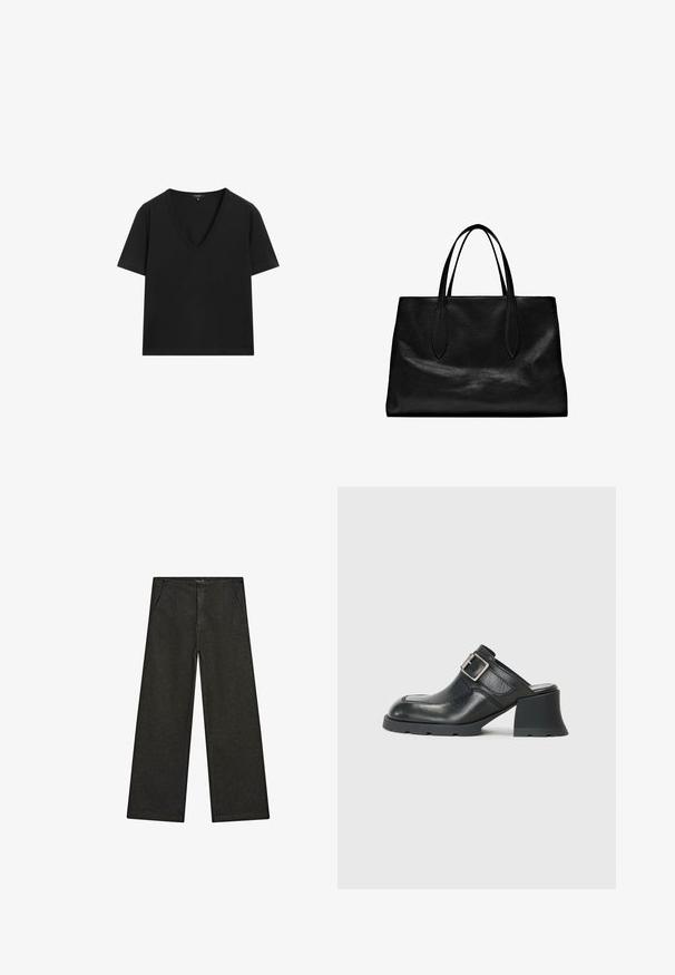 Svart kortärmad V-ringad T-shirt med en enkel, figurnära design på en vit bakgrund.; Svarta denimbyxor med vida ben, med medelhög midja, två framfickor och en ren, minimalistisk design utan synliga dekorationer.; Svarta läderklackiga mules med rund tå, med en silverfärgad spänne och en texturerad yta på ovandelen.; Svart läder tote-väska med två förlängda handtag, en strukturerad form, slät textur och minimalistisk design. Inga synliga beslag eller detaljer.