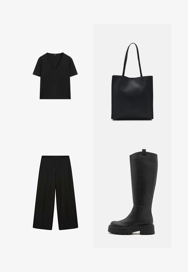 Black short-sleeve V-neck T-shirt with a simple, fitted design on a white background.; Black wide-leg trousers made of soft fabric, featuring a high waist and pleats, with a smooth texture and no visible embellishments.; Knee-high black faux leather boots with a chunky platform sole, rounded toe, and a pull tab at the top. Smooth texture and minimal design.; Black leather tote bag with smooth texture, rectangular shape, and two long handles. No visible hardware or embellishments.