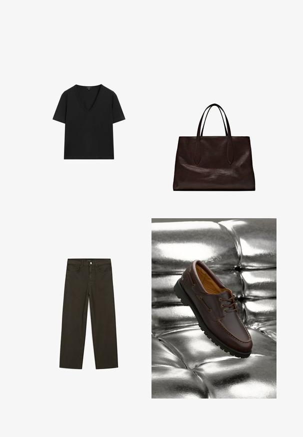 Zwarte T-shirt met korte mouwen en V-hals, met een eenvoudig, aansluitend ontwerp op een witte achtergrond.; Donkergroene wijde jeans van een katoenmix, met een sluiting met een voorste knop, vijf zakken en klassieke denimstiksels.; Bruine leren bootsschoen met een zwarte rubberen zool, rustend op een glanzend metallic zilveren, gekussioneerd oppervlak.; Massimo Dutti Handtas - brown
