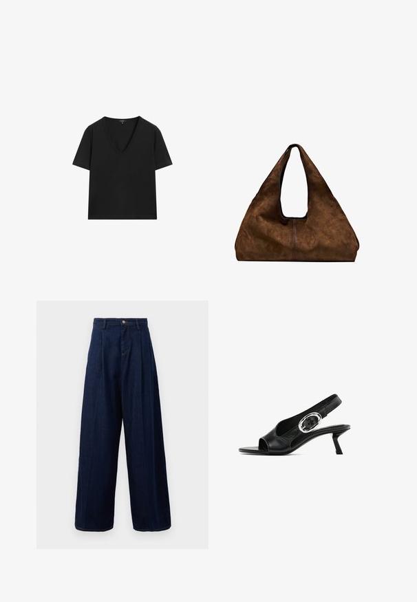 Černé tričko s krátkým rukávem a výstřihem do V s jednoduchým, přiléhavým designem na bílém pozadí.; Tmavě modré džíny s širokými nohavicemi a vysokým pasem, se sklady na přední části a klasickým zapínáním na knoflík, zahrnující boční kapsy a kontrastní švy.; Černá kožená slingback obuv s otevřenou špičkou, s oválnou stříbrnou sponou na pásku a štíhlým klínovým podpatkem. Hladká textura.; Hnědá semišová taška přes rameno s otevřeným vrchem. Disponuje hlubokým a širokým tělem, vyřezávaným držadlem a minimálním prošíváním pro čistý design.