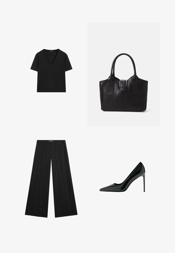 T-shirt noir à manches courtes en V, au design simple et ajusté, sur fond blanc.; Un pantalon large noir présente une taille haute avec des plis, une texture lisse et un design minimaliste. Fermeture éclair sur le côté.; Pompe à talon aigu en cuir verni noir avec un bout pointu et une texture lisse et brillante ; talon haut et élancé ; design minimaliste.; Sac fourre-tout en cuir noir avec une texture lisse, une forme structurée, deux poignées et un détail en boucle argentée proéminent à l'avant.