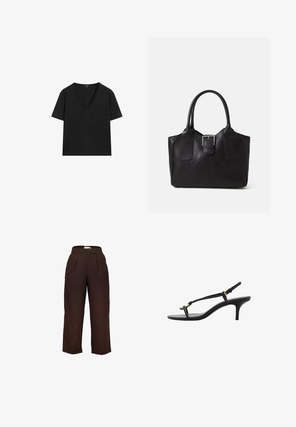 Zwarte T-shirt met korte mouwen en V-hals, met een eenvoudig, aansluitend ontwerp op een witte achtergrond.; Hoge taille, donkerbruine wijde broek met riemlussen en voorplooien, weergegeven tegen een witte achtergrond.; Zwarte leren kitten heel sandaal met dunne banden, gouden gesp en minimalistische teenlus op een witte achtergrond.; Zwarte leren tote bag met een gladde textuur, gestructureerde vorm, twee handvatten en een opvallend zilveren sluitingdetail aan de voorkant.