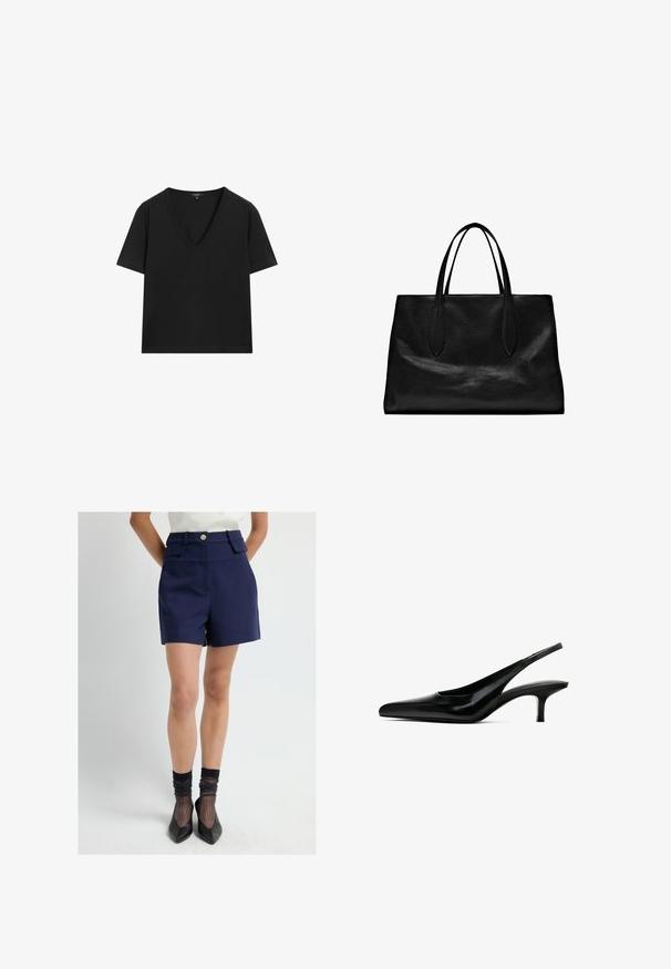 Svart kortärmad V-ringad T-shirt med en enkel, figurnära design på en vit bakgrund.; Kvinna som bär marinblå högmidjade shorts med fickor, svarta genomskinliga strumpor, svarta spetsiga klackar och en vit strukturerad stickad topp.; Svart spetsig slingback-sko med en glansig läderfinish och en tunn, låg klack. Har en utskärning på sidan för andningsförmåga.; Svart läder tote-väska med två förlängda handtag, en strukturerad form, slät textur och minimalistisk design. Inga synliga beslag eller detaljer.