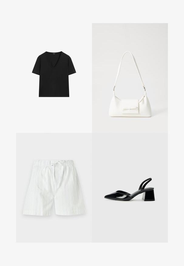 Black short-sleeve V-neck T-shirt with a simple, fitted design on a white background.; Men's shorts made of lightweight fabric, featuring vertical stripes in light blue and white, with an elastic waistband and drawstring.; Black patent leather slingback heels with a pointed toe and a geometric block heel. Features a sleek, minimal design and smooth texture.; White synthetic handbag with a triangular shape, flat front flap and bow detail, adjustable strap, smooth texture, and minimalistic design.