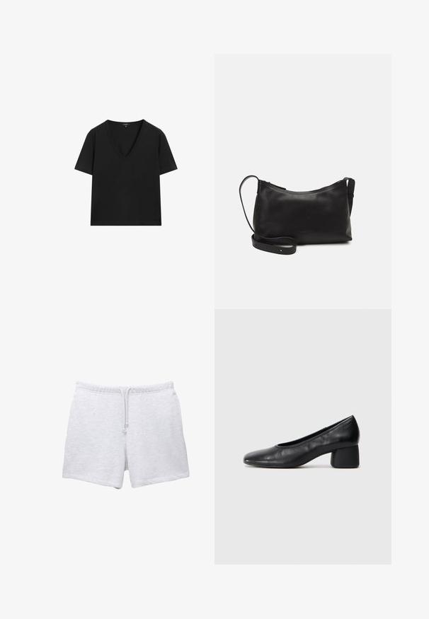 Czarny T-shirt z krótkim rękawem i dekoltem w serek o prostym, dopasowanym kroju na białym tle.; Jasnoszare bawełniane szorty z elastycznym paskiem w talii i sznurkiem. Charakteryzują się miękką teksturą i prostym krojem bez widocznych wzorów.; Czarne skórzane szpilki z zaokrąglonym noskiem i średnim obcasem. Gładka tekstura z minimalnymi detalami, z subtelnym elastycznym wykończeniem.; Czarna skórzana torba na ramię o gładkiej fakturze, zakrzywionym kształcie, regulowanym pasku i zapięciu na zamek. Minimalistyczny design bez zdobień.