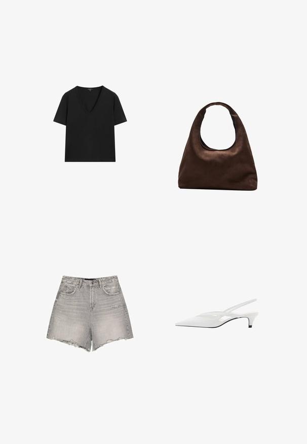 Schwarzes kurzärmeliges V-Ausschnitt-T-Shirt mit einem schlichten, taillierten Design auf einem weißen Hintergrund.; Graue Denim-Shorts mit hoher Taille, fransigem Saum, leichtem Used-Look und klassischem Fünf-Taschen-Design.; Weißer Slingback-Absatzschuh mit spitzer Zehenpartie, featuring ein glattes Obermaterial, subtile Ausschnitte und einen niedrigen Blockabsatz. Die schwarze Sohle betont das Design.; Weiche braune Hobo-Stil Handtasche mit einem einzigen breiten Trageriemen und einer geschwungenen Oberteilöffnung, auf einem weißen Hintergrund präsentiert.