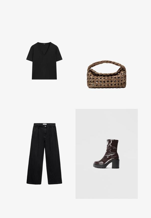 Černé tričko s krátkým rukávem a výstřihem do V s jednoduchým, přiléhavým designem na bílém pozadí.; Černé široké džíny vyrobené z džínsoviny, s vysokým pasem, předními kapsami a zapínáním na knoflík. Textura je hladká s minimálním zdobením.; Lesklá bordó kotníková bota s masivním černým podpatkem, se hladkým povrchem a jednoduchým designem. Žádné viditelné zapínání ani vzory.; Tkaná hnědá kabelka s obdélníkovým tvarem, pevnou rukojetí a texturovaným povrchem. Disponuje uzavřeným vrchem a složitým vzorem tkaní.