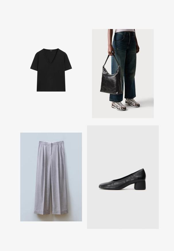 Sort kortærmet V-hals T-shirt med et simpelt, tætsiddende design på en hvid baggrund.; Grå vidde bukser lavet af tekstureret stof med forkørsler, to sidelommer og lige kant.; Sort læderpumps med rund tå og mellemblokhæl. Glat tekstur med minimal detaljer, udstyret med en diskret elastisk åbning.; Sort læder skuldertaske med en glat tekstur og justerbar skulderrem, parret med faded brede bukser og atletiske sneakers.
