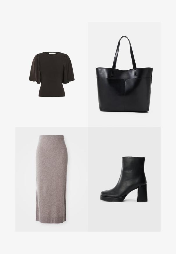 Top nero con maniche corte e svasate realizzate in un tessuto liscio. Presenta un collo rotondo e una silhouette aderente.; Gonna a tubo di lunghezza ginocchio in maglia taupe con cintura e orlo a costine, dotata di fessure laterali per un comfort e uno stile aggiuntivi.; Stivale alla caviglia in pelle nera con tacco a blocco e suola platform, visto di lato su uno sfondo bianco uniforme.; Borsa a tracolla in pelle nera con due manici lunghi, una texture liscia e una forma strutturata. Presenta una tasca frontale per ulteriore spazio di archiviazione.